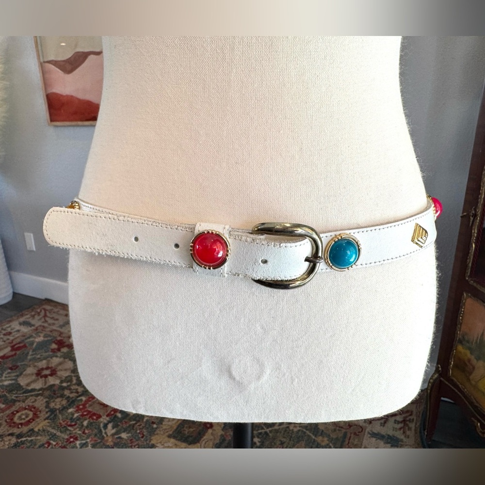 Vintage White Leather Belt with Colorful Accents - Picture 2 of 13